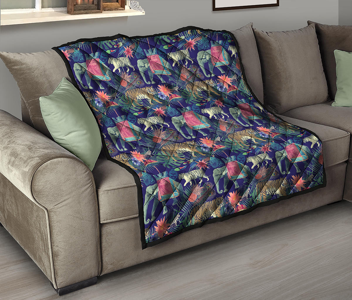 Asian Elephant And Tiger Print Quilt