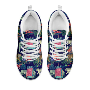 Asian Elephant And Tiger Print White Sneakers