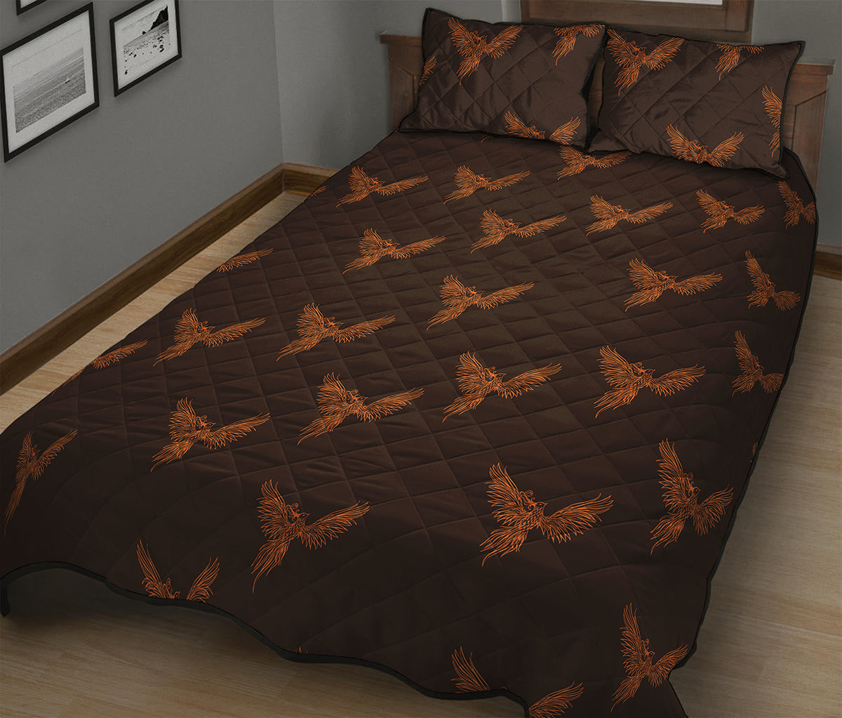 Asian Phoenix Pattern Print Quilt Bed Set