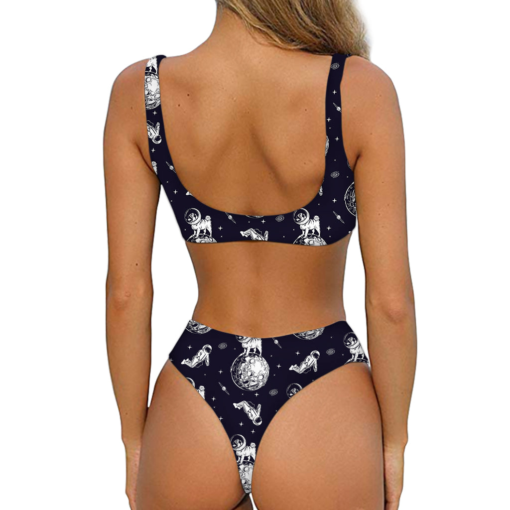 Astronaut Pug In Space Pattern Print Front Bow Tie Bikini