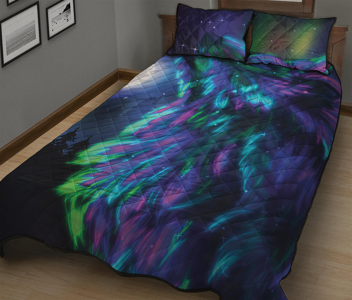 Aurora Howling Wolf Spirit Print Quilt Bed Set