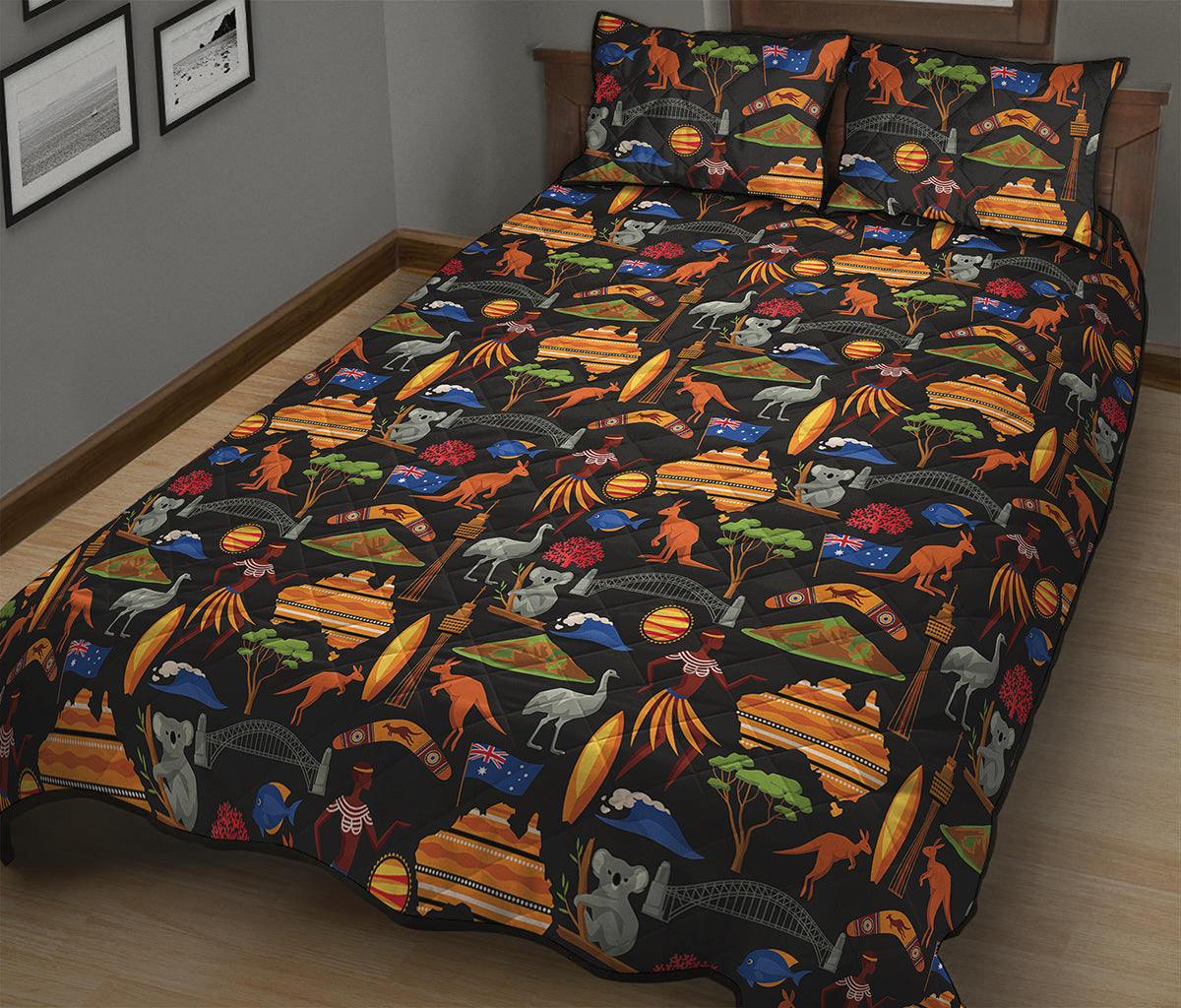 Australia Symbols Pattern Print Quilt Bed Set