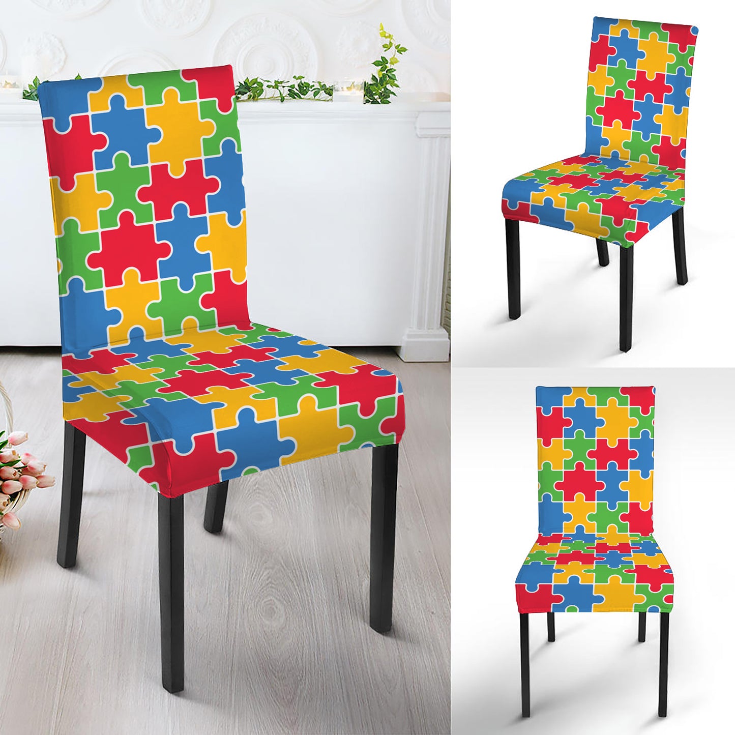 Autism Awareness Jigsaw Pattern Print Dining Chair Slipcover