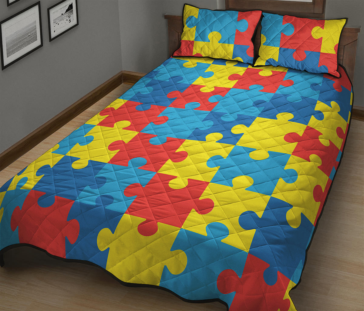 Autism Awareness Pattern Print Quilt Bed Set