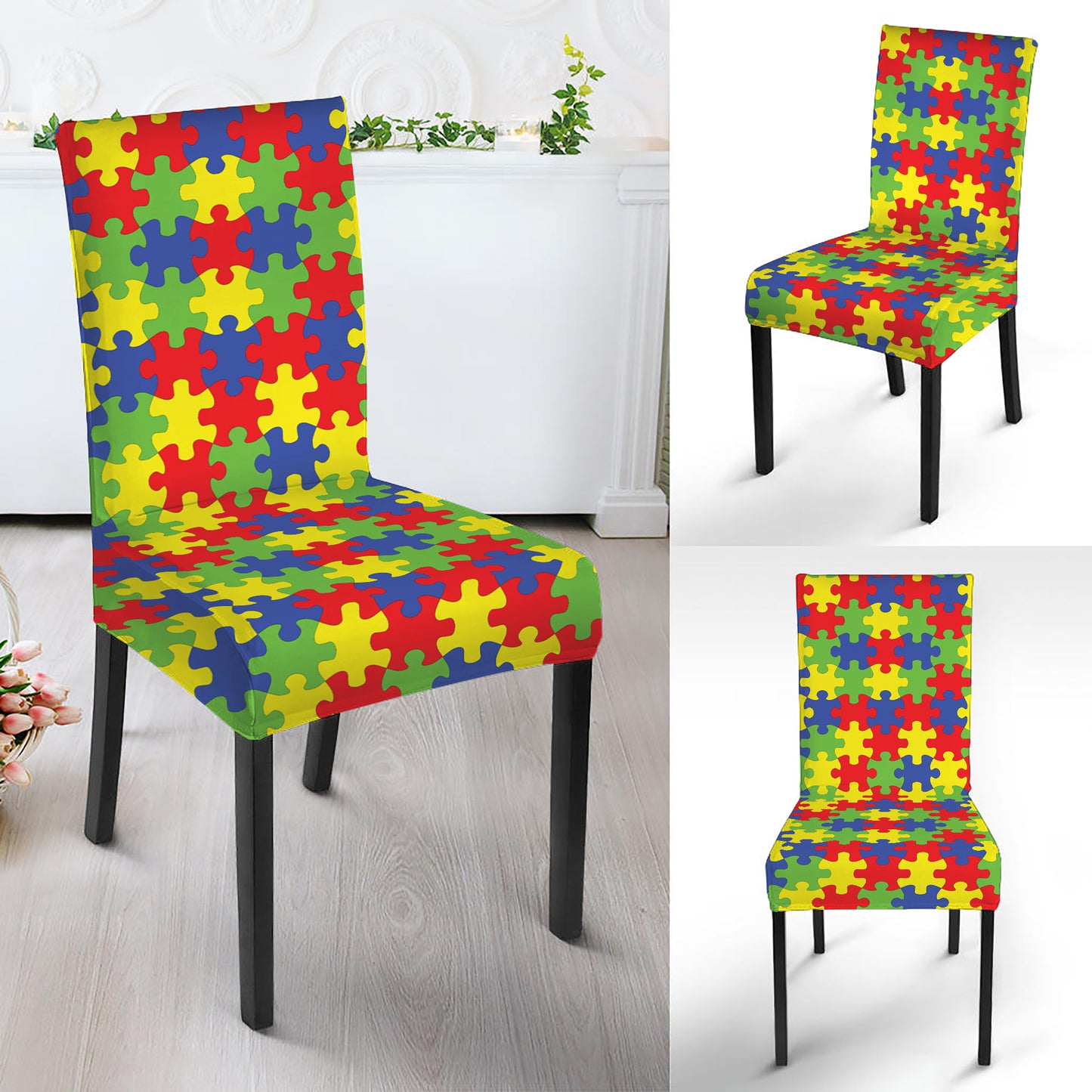 Autism Awareness Puzzle Pattern Print Dining Chair Slipcover