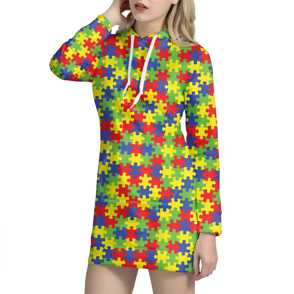 Autism Awareness Puzzle Pattern Print Hoodie Dress