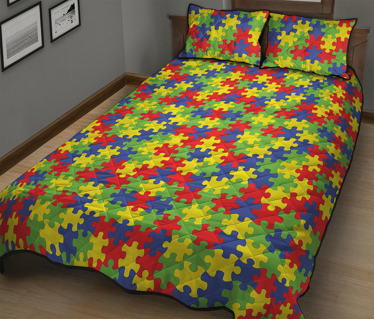 Autism Awareness Puzzle Pattern Print Quilt Bed Set