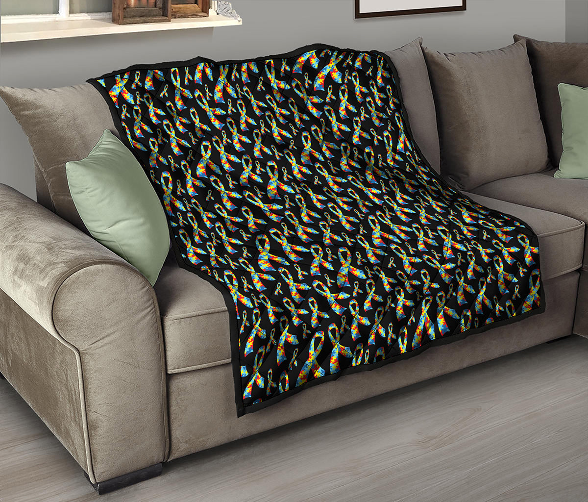 Autism Awareness Ribbon Pattern Print Quilt