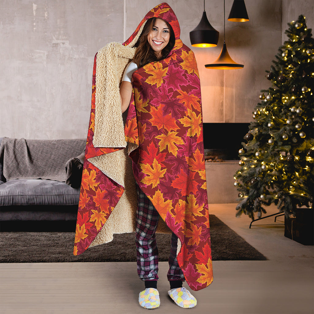 Autumn Maple Leaves Pattern Print Hooded Blanket