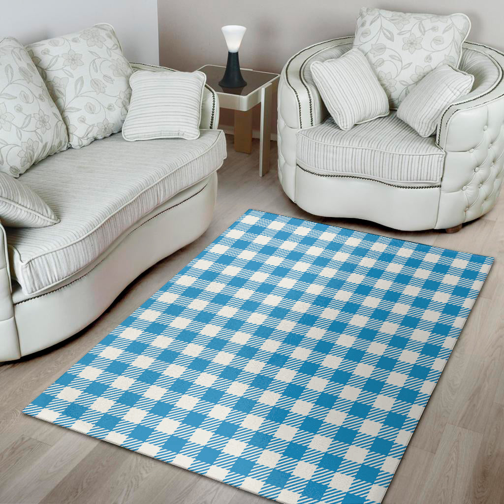 Azure Blue And White Gingham Print Area Rug