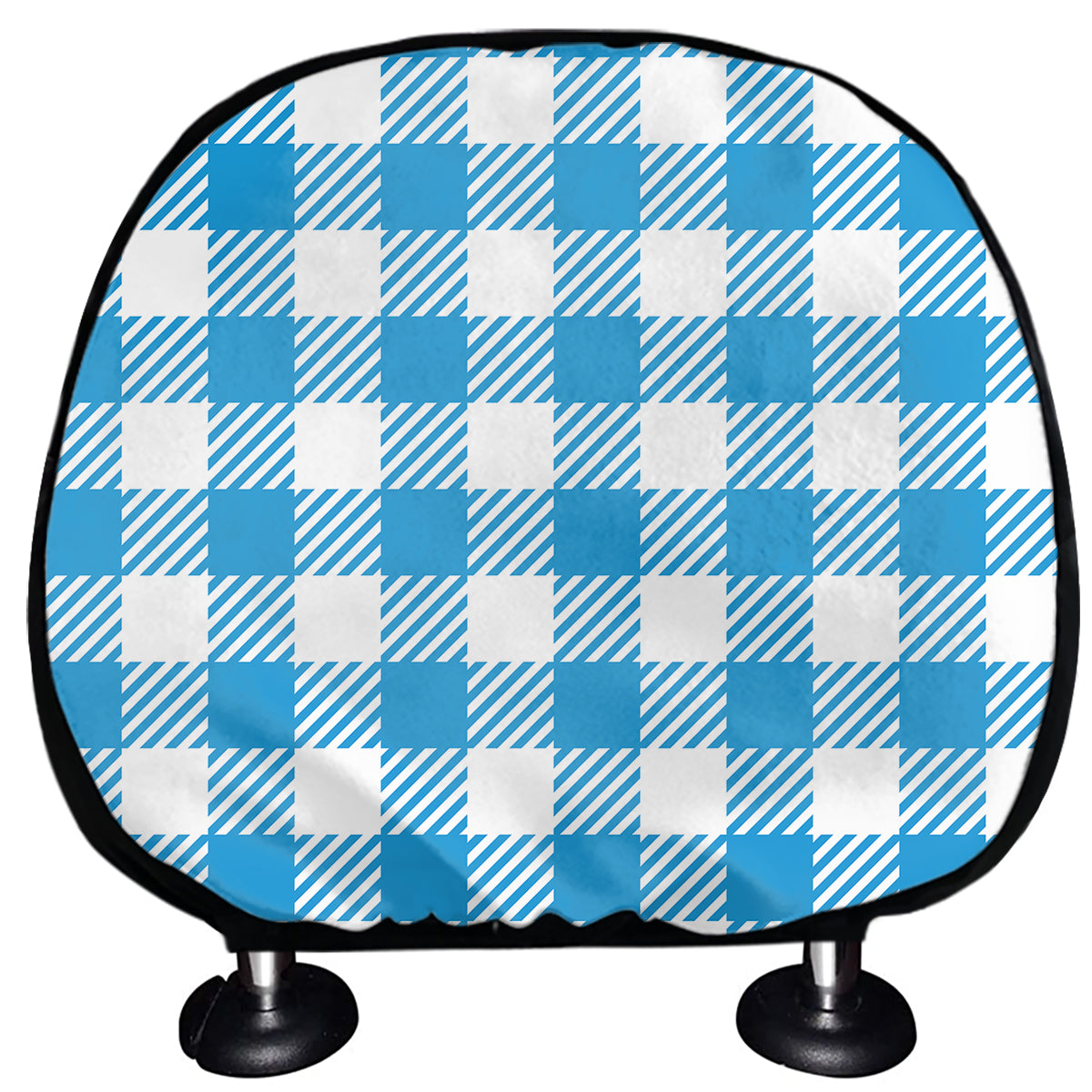 Azure Blue And White Gingham Print Car Headrest Covers