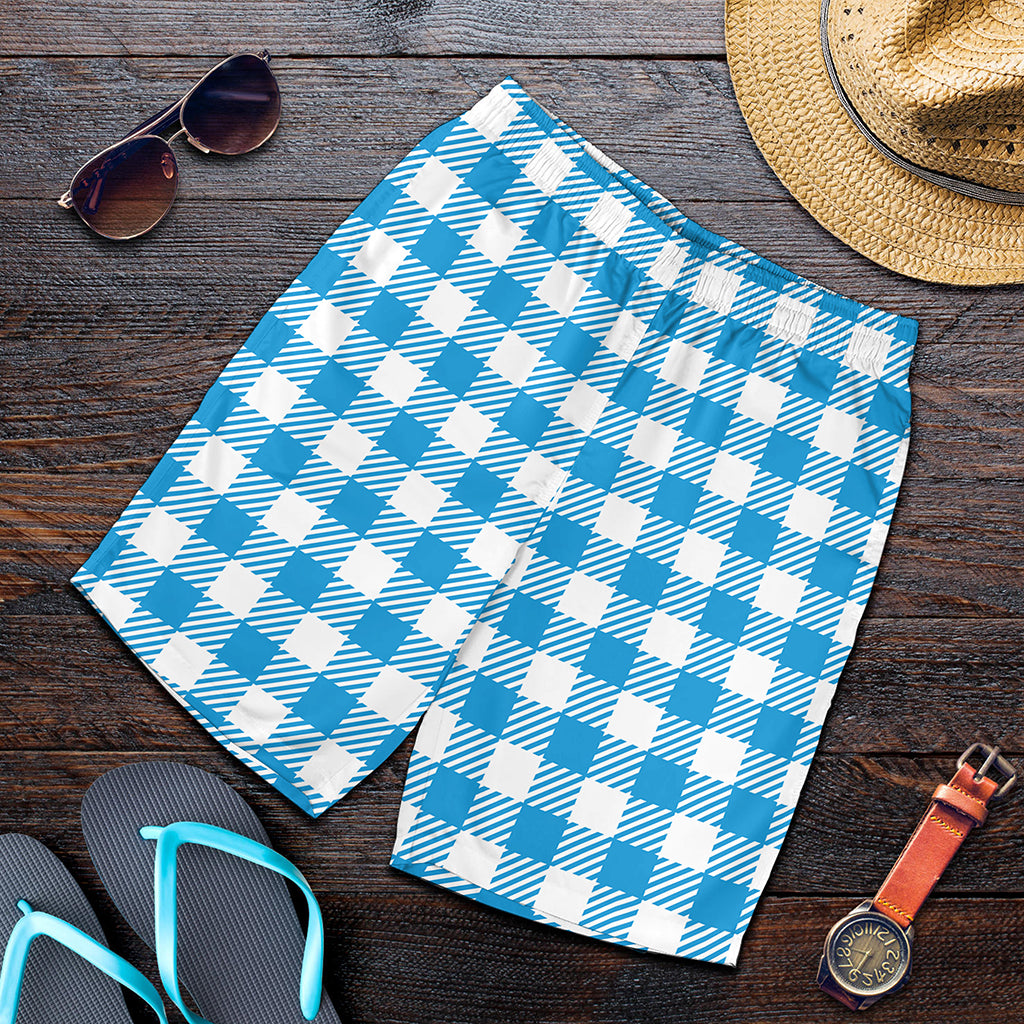 Azure Blue And White Gingham Print Men's Shorts