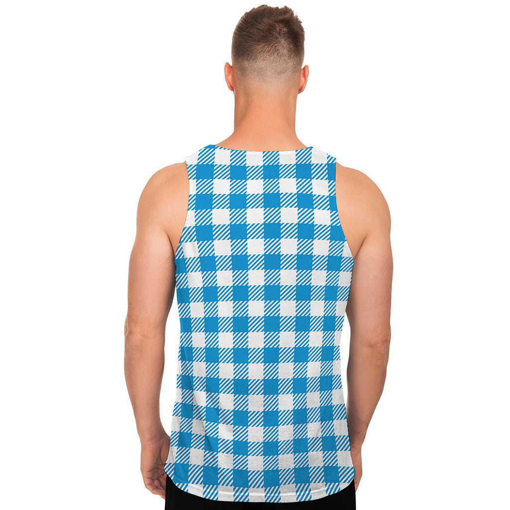 Azure Blue And White Gingham Print Men's Tank Top