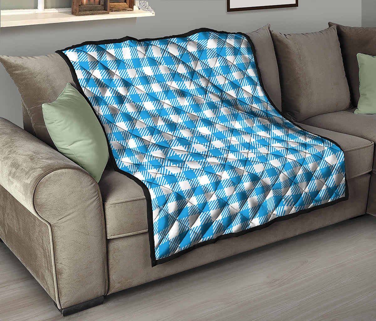 Azure Blue And White Gingham Print Quilt