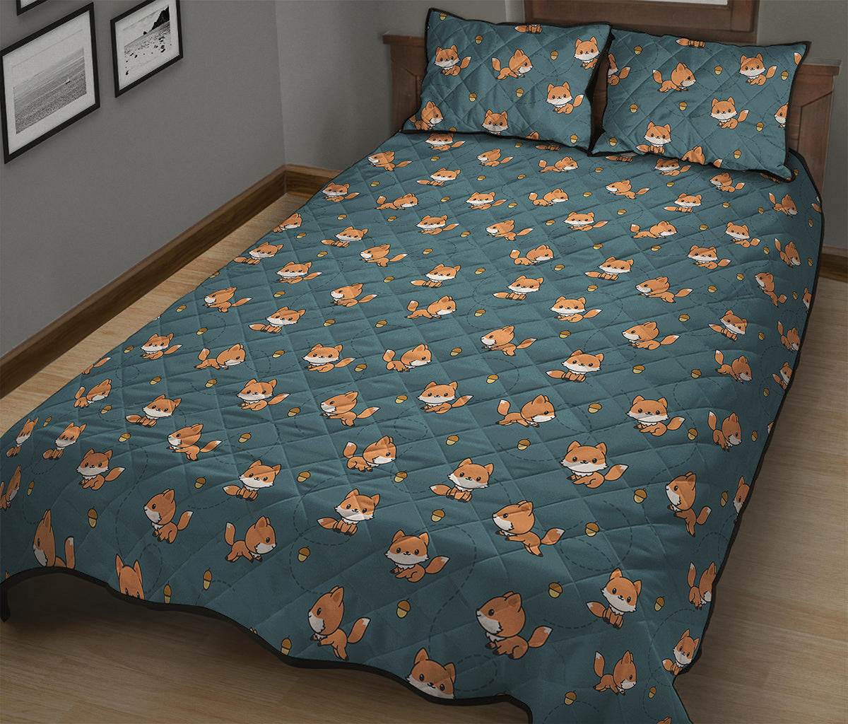 Baby Fox Pattern Print Quilt Bed Set