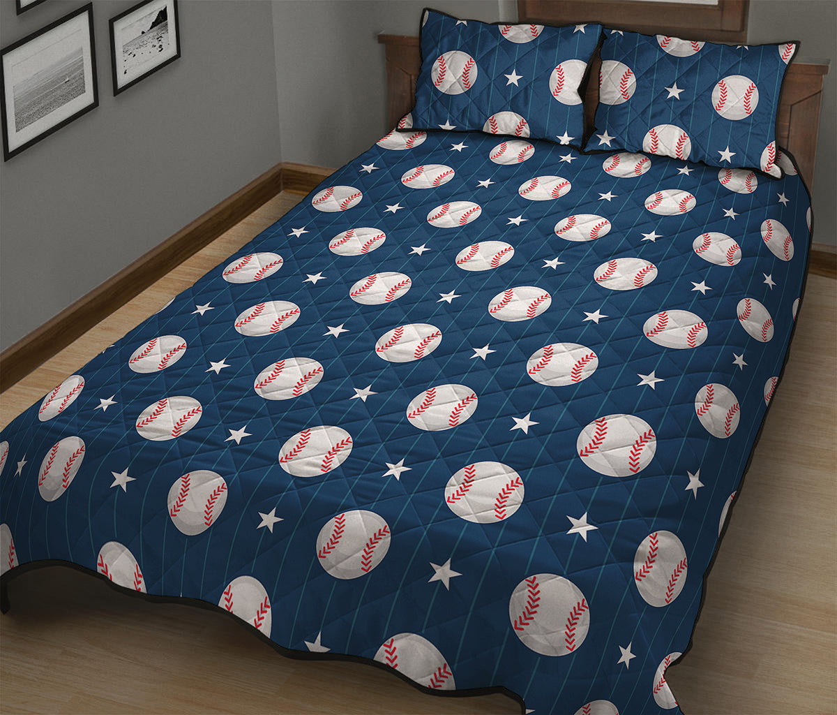 Baseballs Star Pattern Print Quilt Bed Set