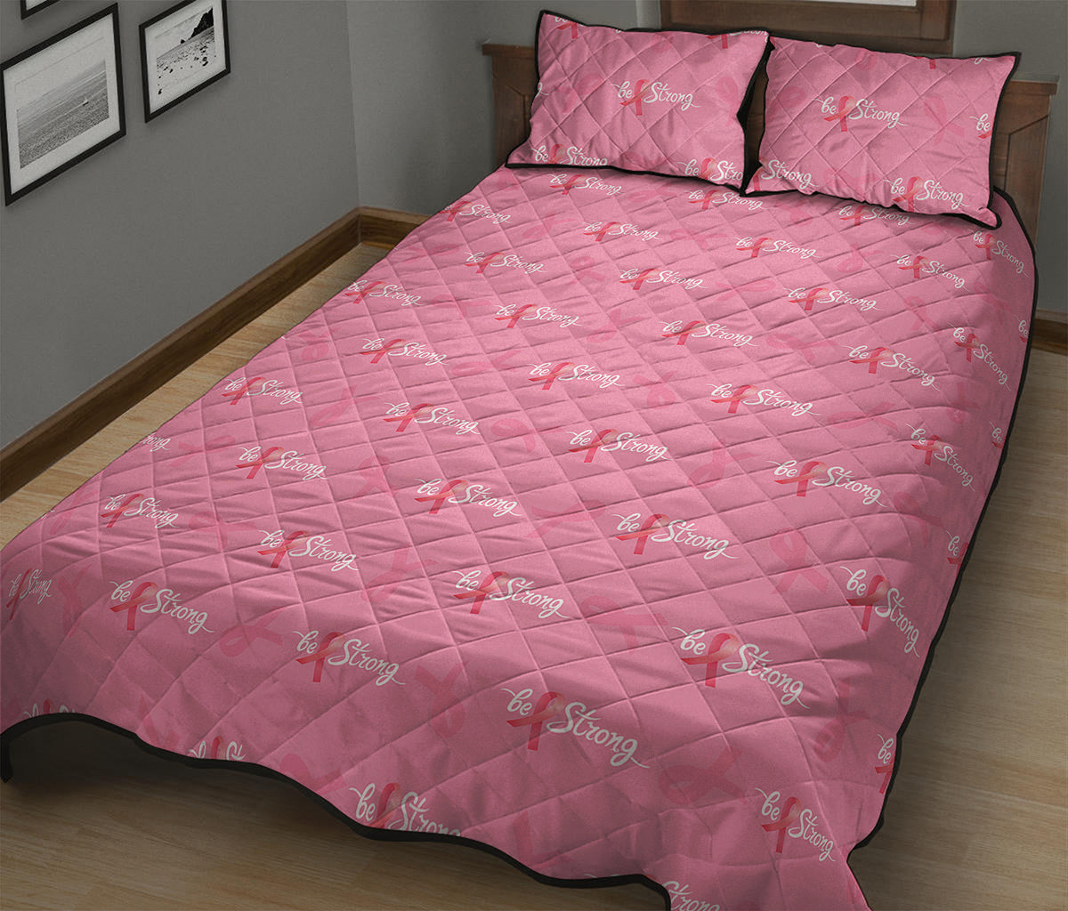 Be Strong Breast Cancer Pattern Print Quilt Bed Set