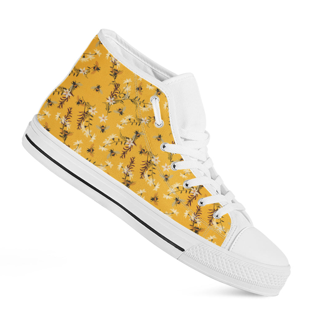 Bee Drawing Pattern Print White High Top Shoes