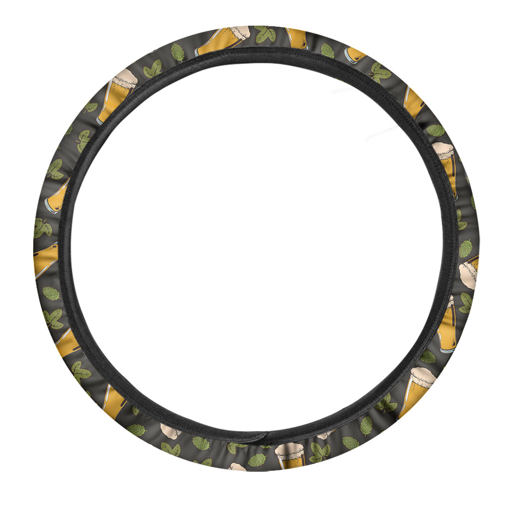 Beer Hop Cone And Leaf Pattern Print Car Steering Wheel Cover