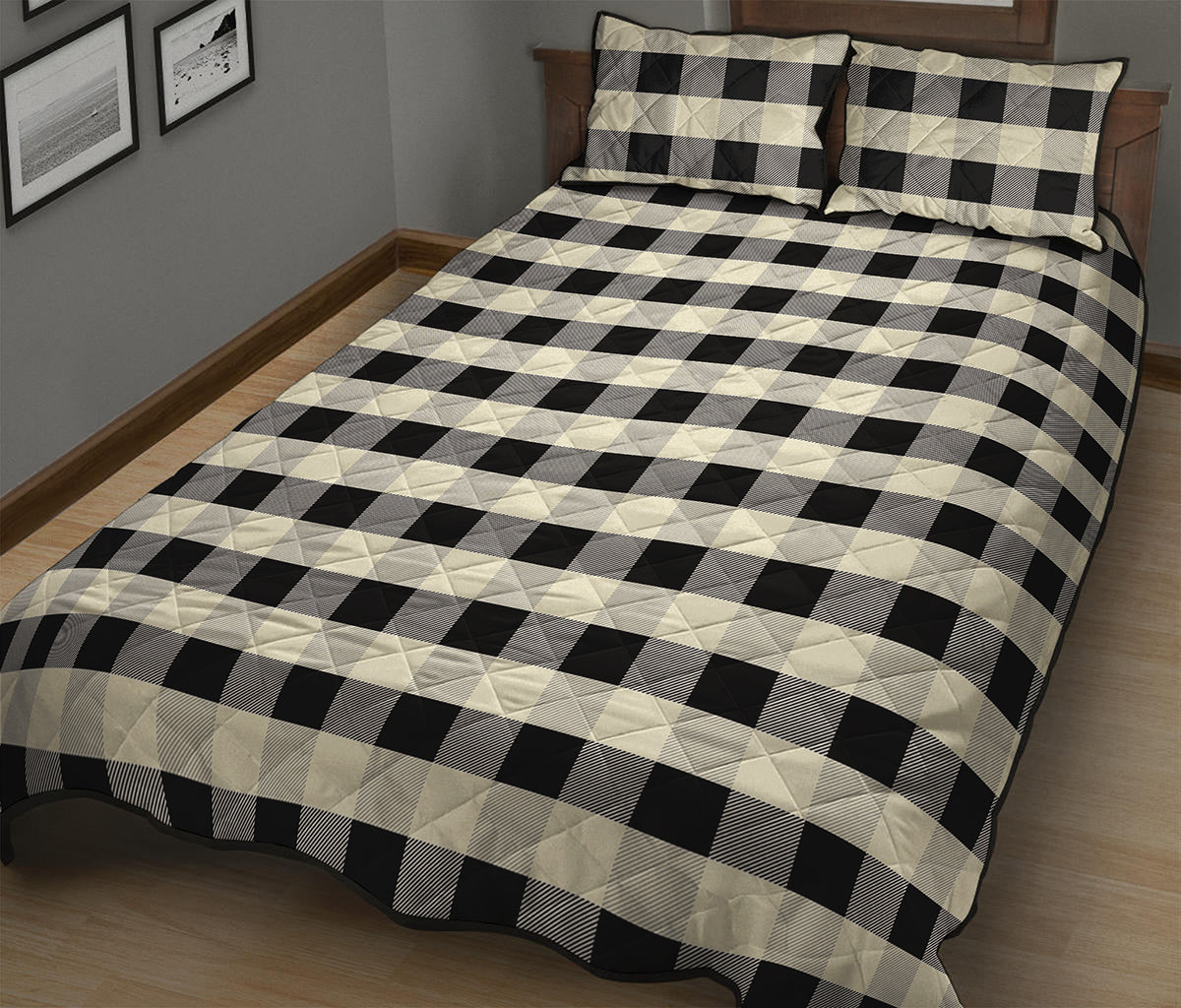 Beige And Black Buffalo Check Print Quilt Bed Set
