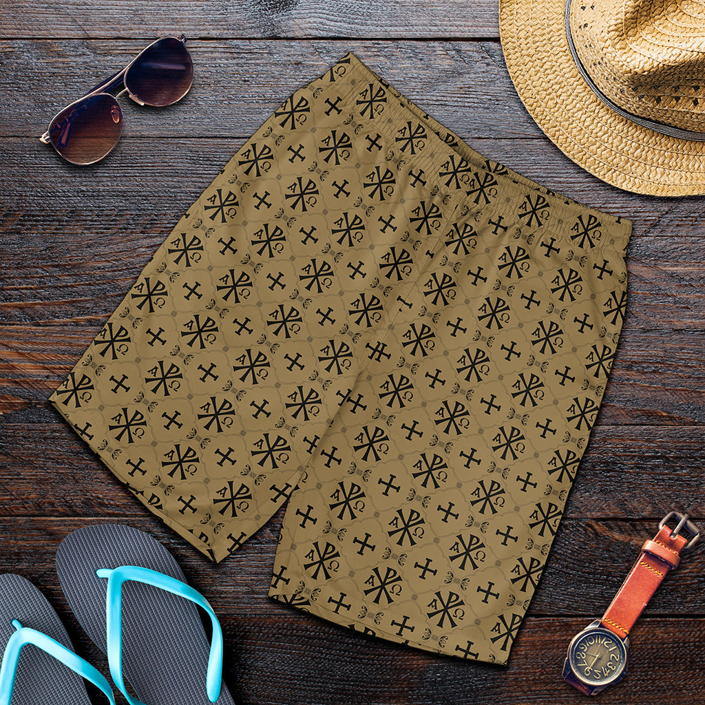 Beige And Black Orthodox Pattern Print Men's Shorts