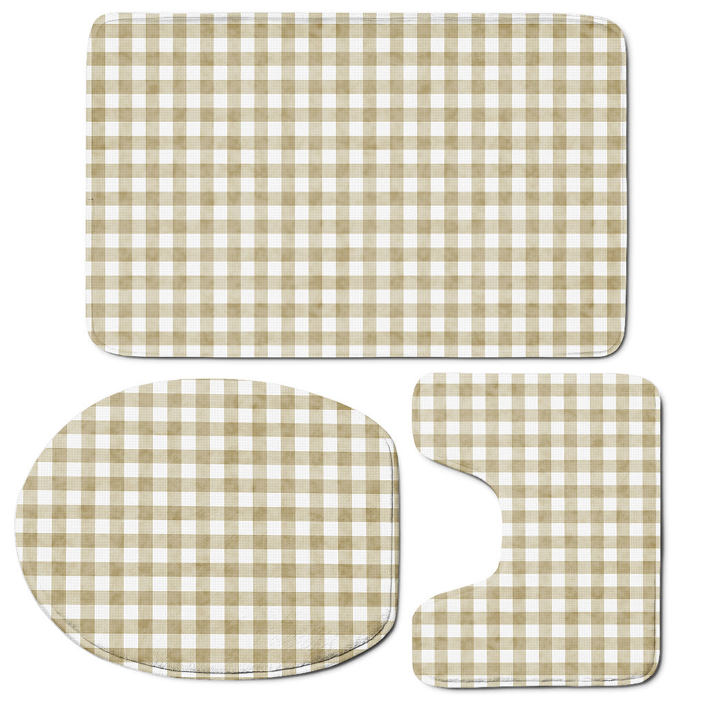 Beige And White Gingham Pattern Print 3 Piece Bath Mat Set