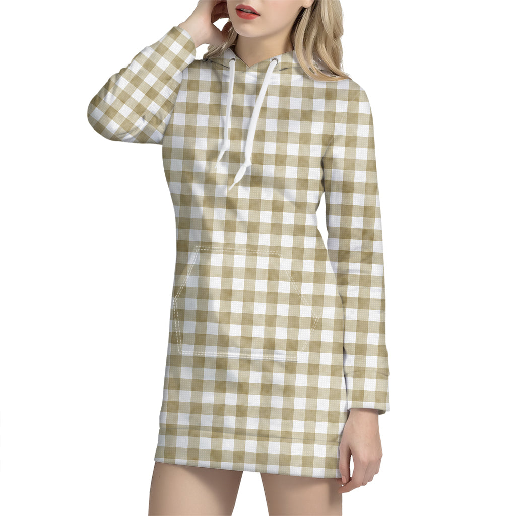 Beige And White Gingham Pattern Print Hoodie Dress