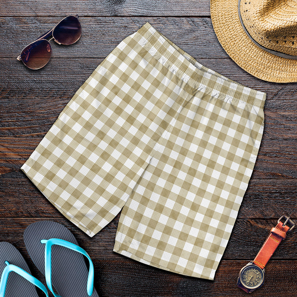 Beige And White Gingham Pattern Print Men's Shorts