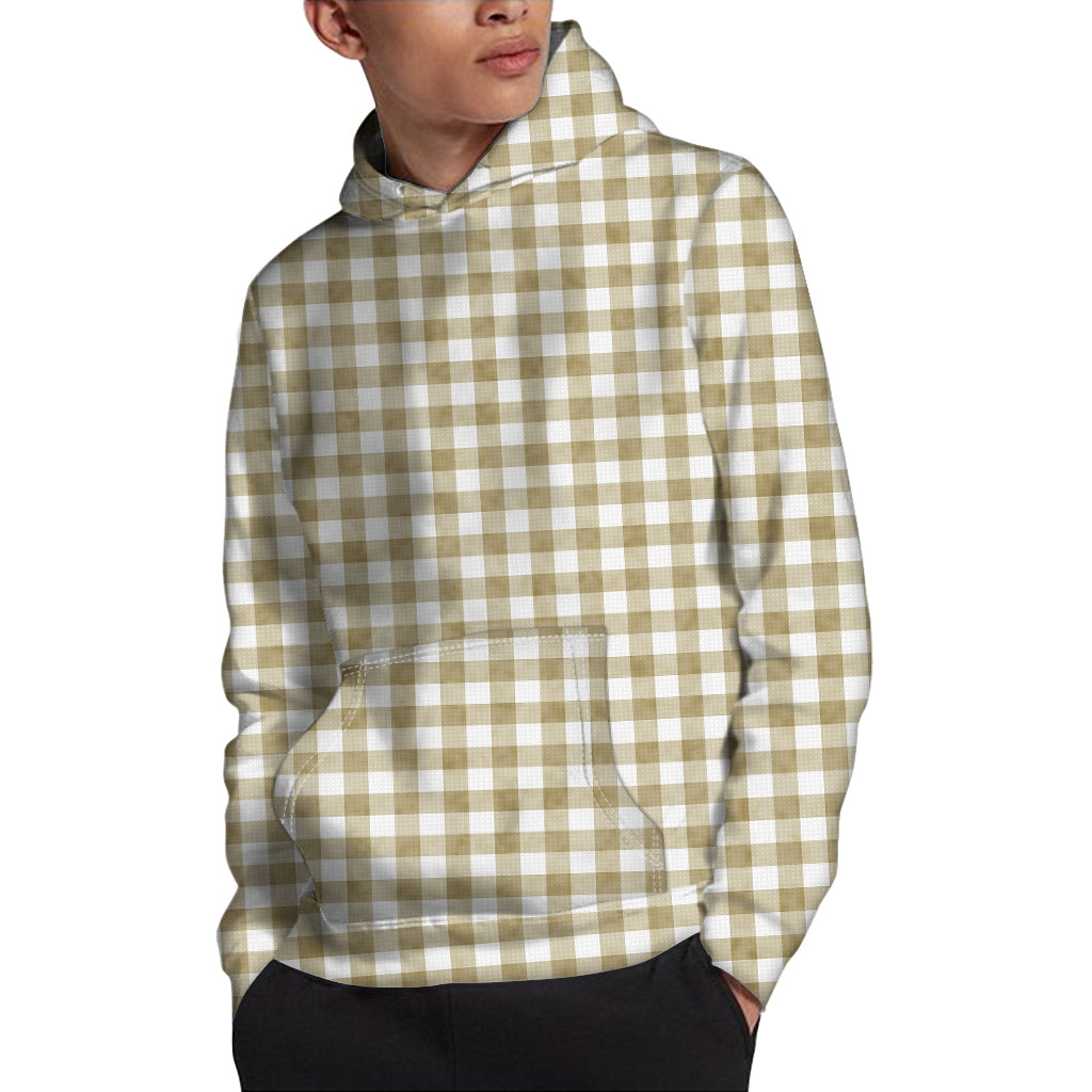 Beige And White Gingham Pattern Print Pullover Hoodie