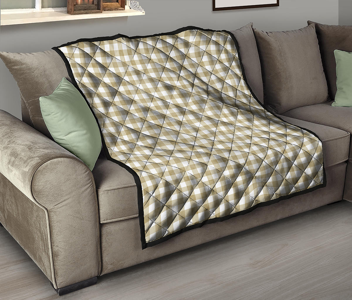 Beige And White Gingham Pattern Print Quilt