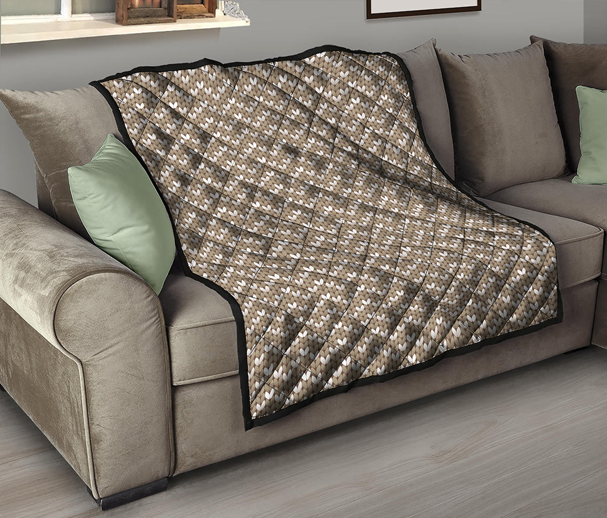 Beige And White Knitted Pattern Print Quilt