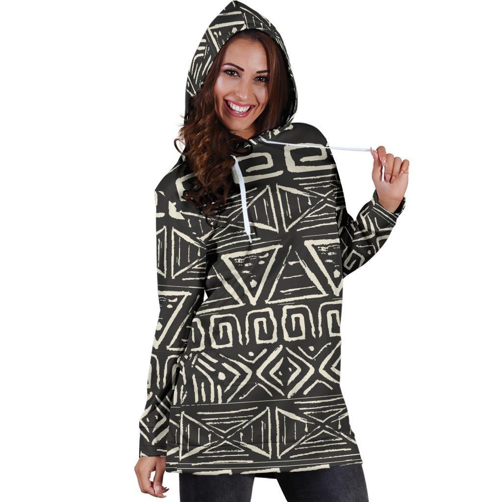 Beige Aztec Pattern Print Hoodie Dress GearFrost