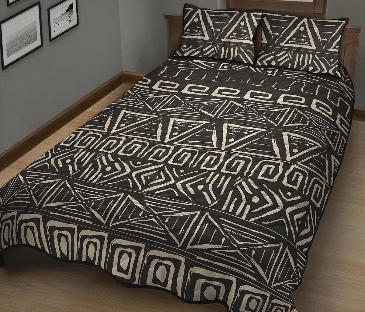 Beige Aztec Pattern Print Quilt Bed Set