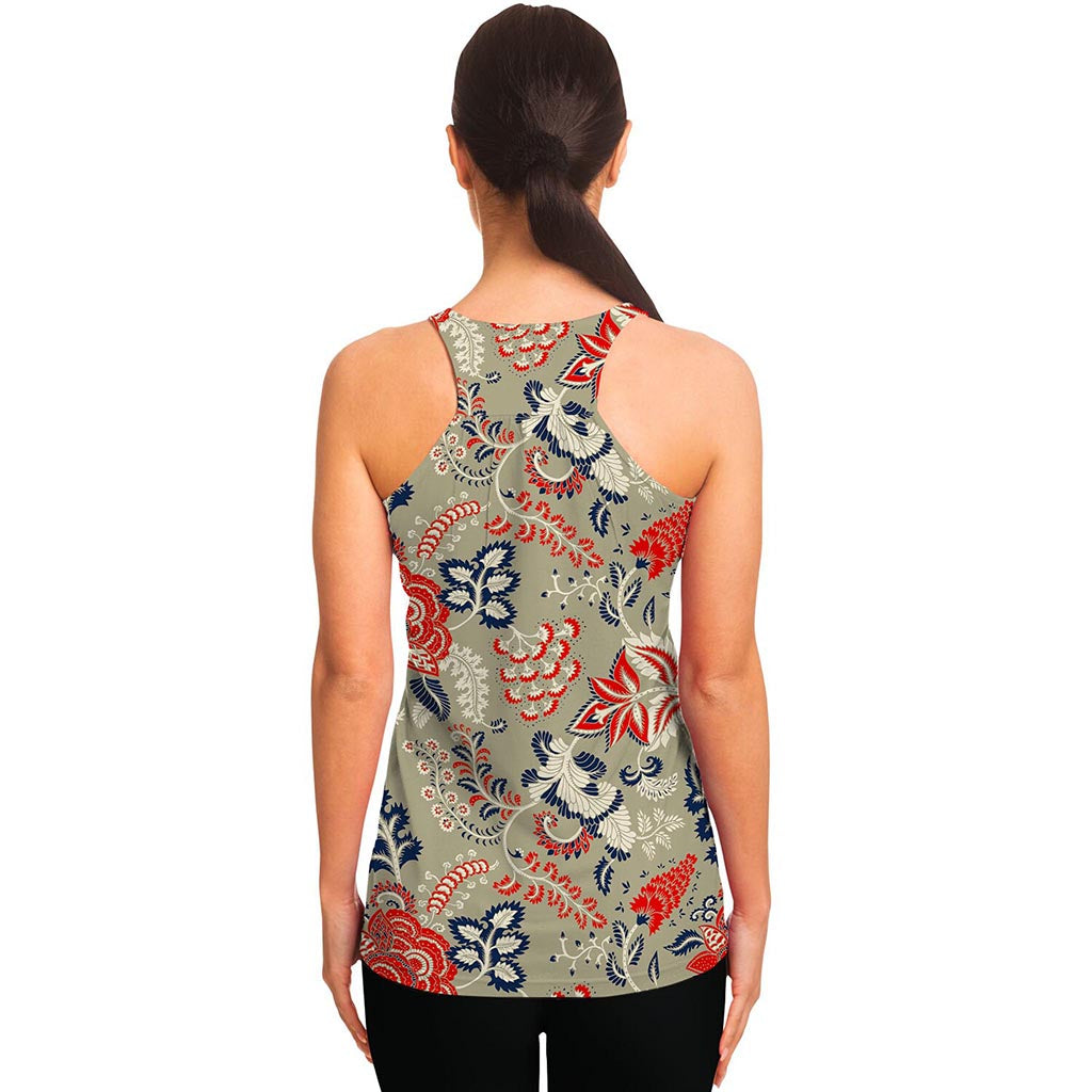 Beige Bohemian Floral Pattern Print Women's Racerback Tank Top