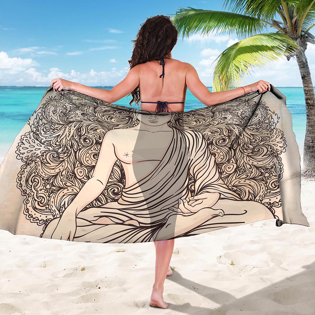 Beige Buddha Mandala Print Beach Sarong Wrap