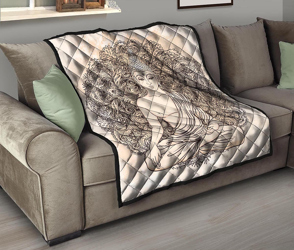 Beige Buddha Mandala Print Quilt