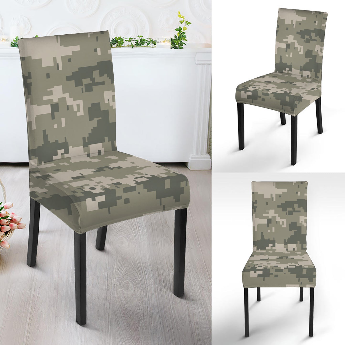 Beige Digital Camo Pattern Print Dining Chair Slipcover