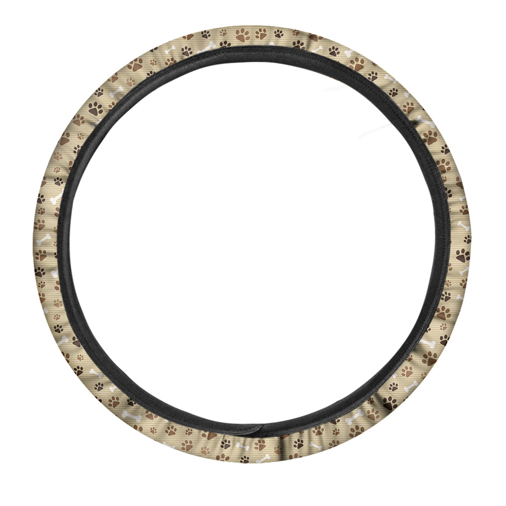 Beige Paw And Bone Pattern Print Car Steering Wheel Cover