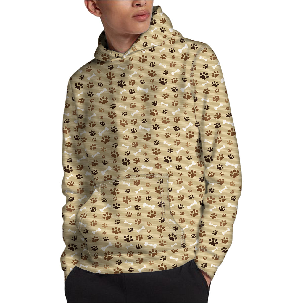 Beige Paw And Bone Pattern Print Pullover Hoodie
