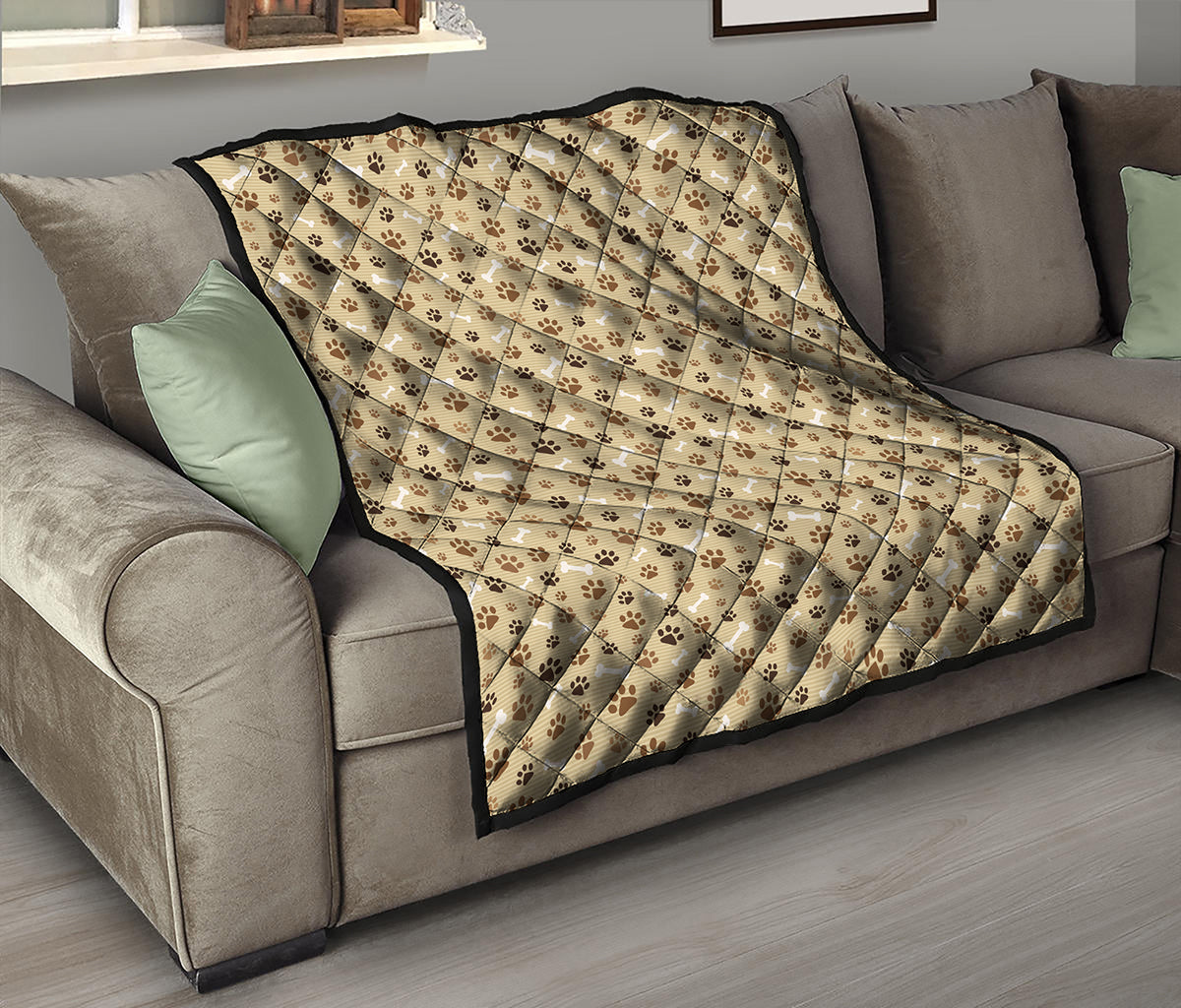 Beige Paw And Bone Pattern Print Quilt