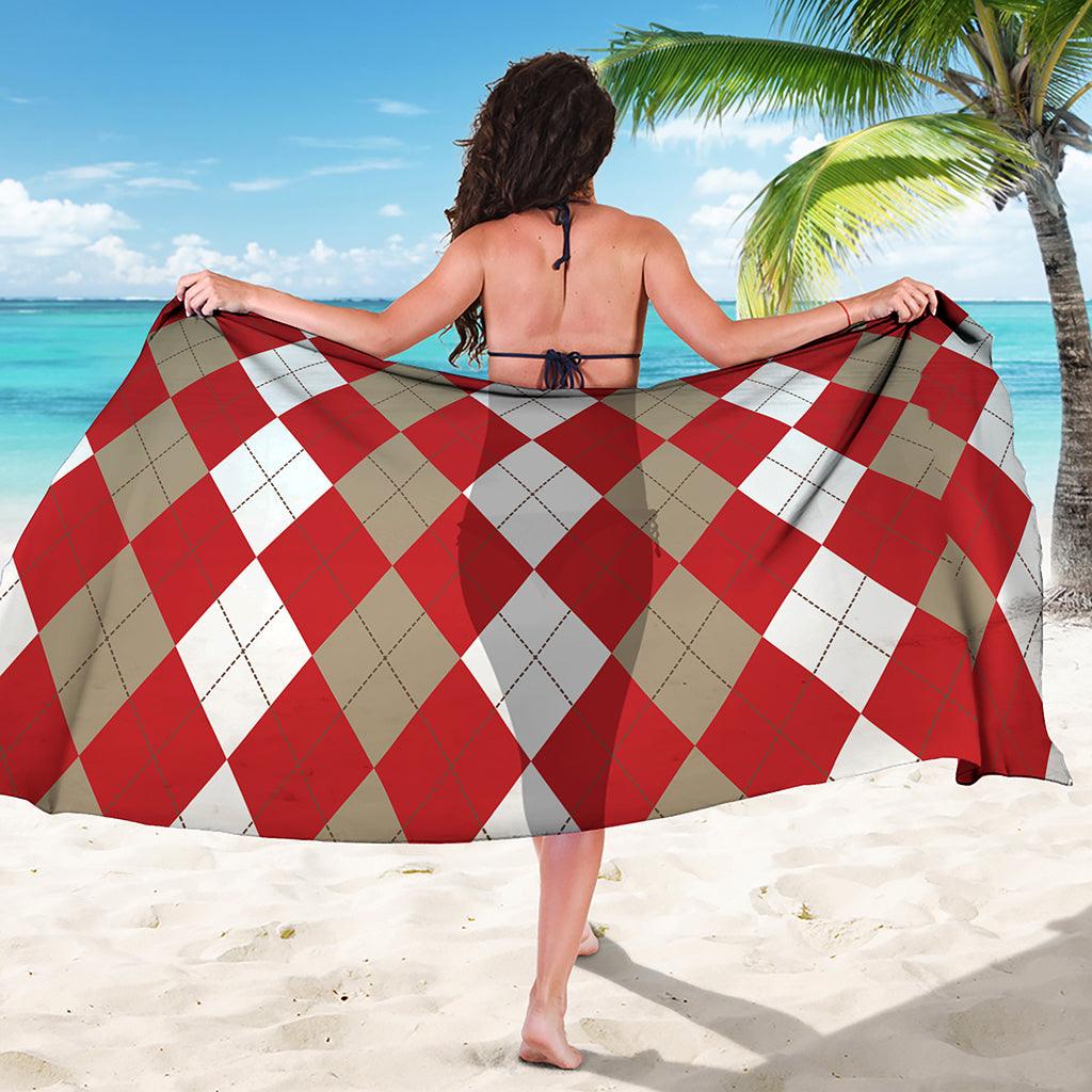 Beige Red And White Argyle Pattern Print Beach Sarong Wrap