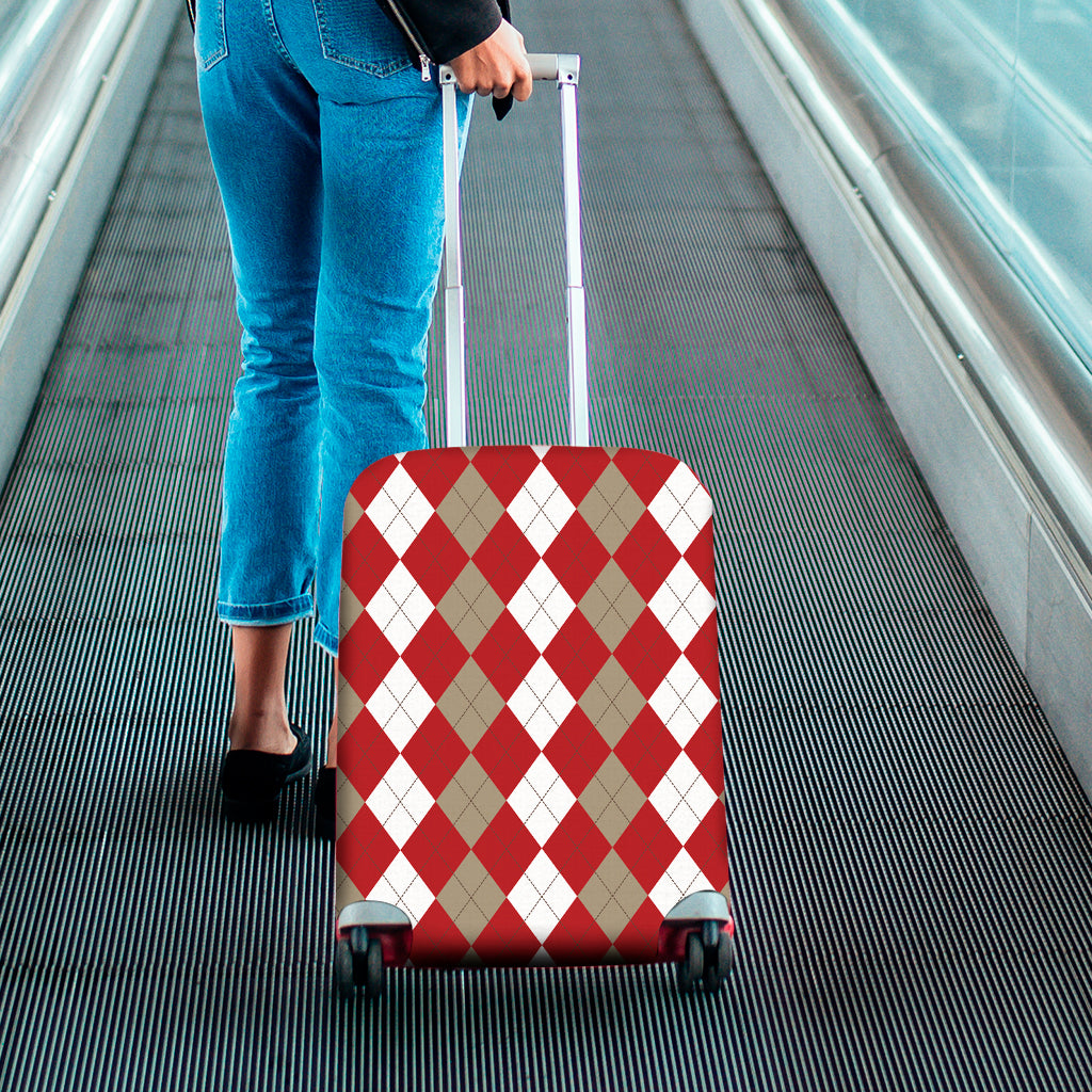Beige Red And White Argyle Pattern Print Luggage Cover
