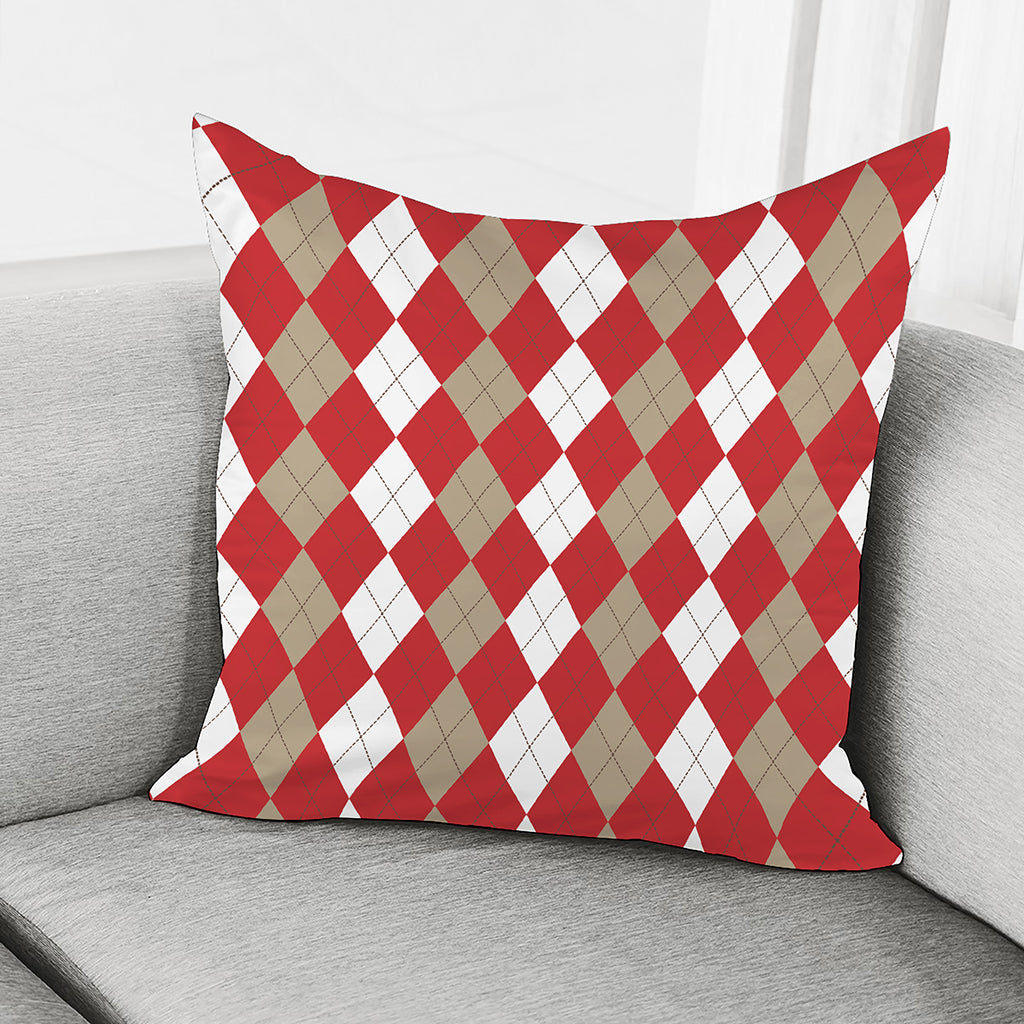 Beige Red And White Argyle Pattern Print Pillow Cover