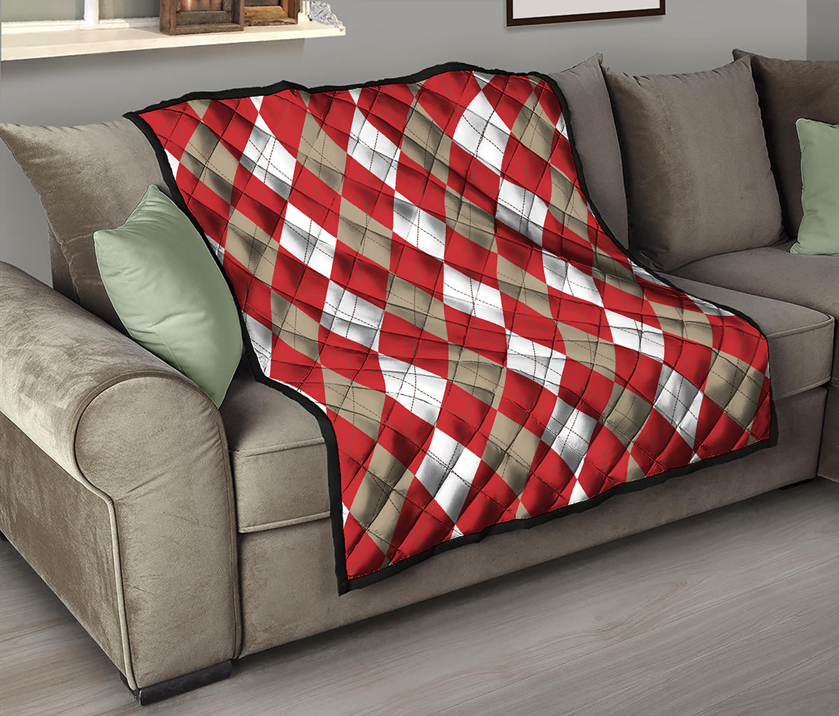 Beige Red And White Argyle Pattern Print Quilt