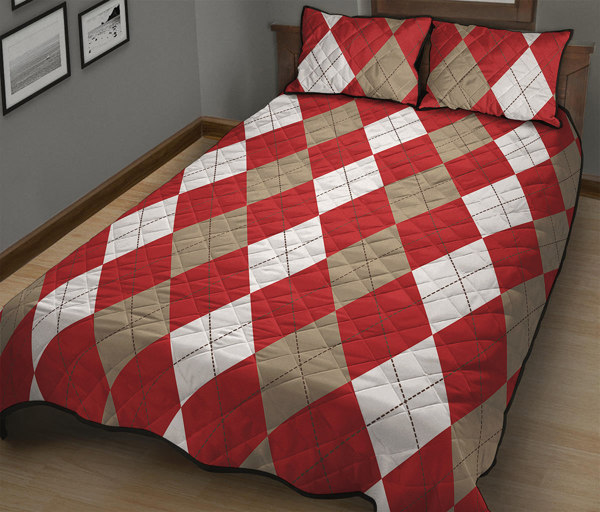 Beige Red And White Argyle Pattern Print Quilt Bed Set