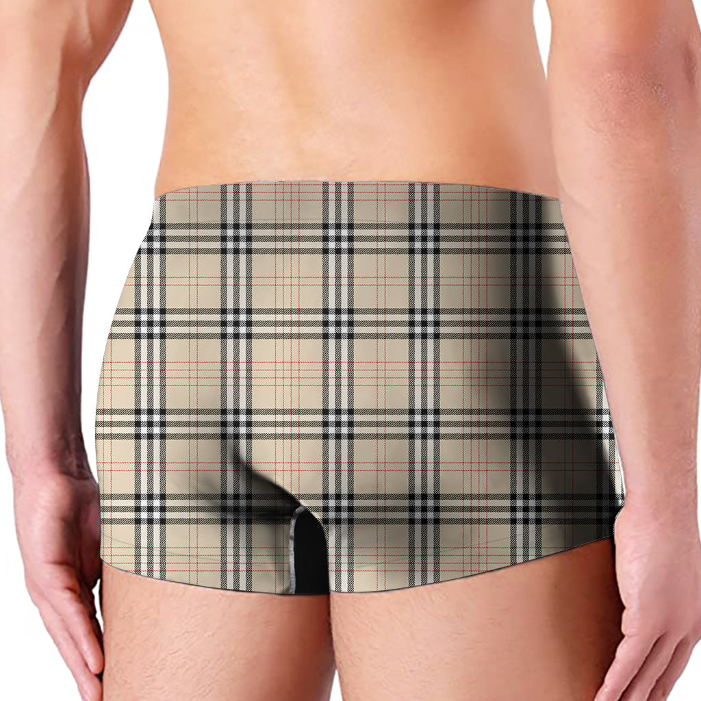 Beige Tartan Pattern Print Men's Boxer Briefs