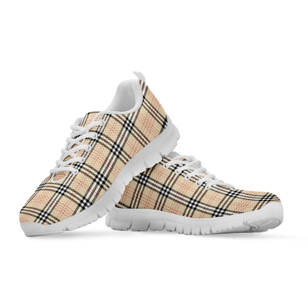 Beige Tartan Pattern Print White Sneakers
