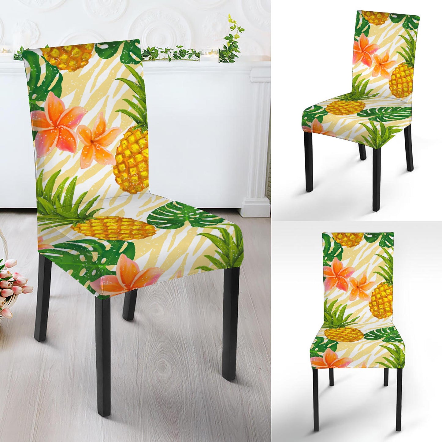Beige Zebra Pineapple Pattern Print Dining Chair Slipcover