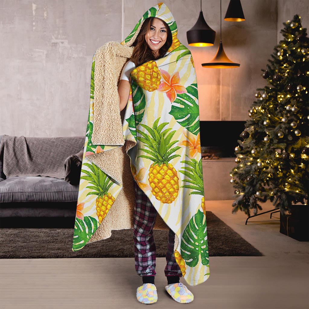 Beige Zebra Pineapple Pattern Print Hooded Blanket