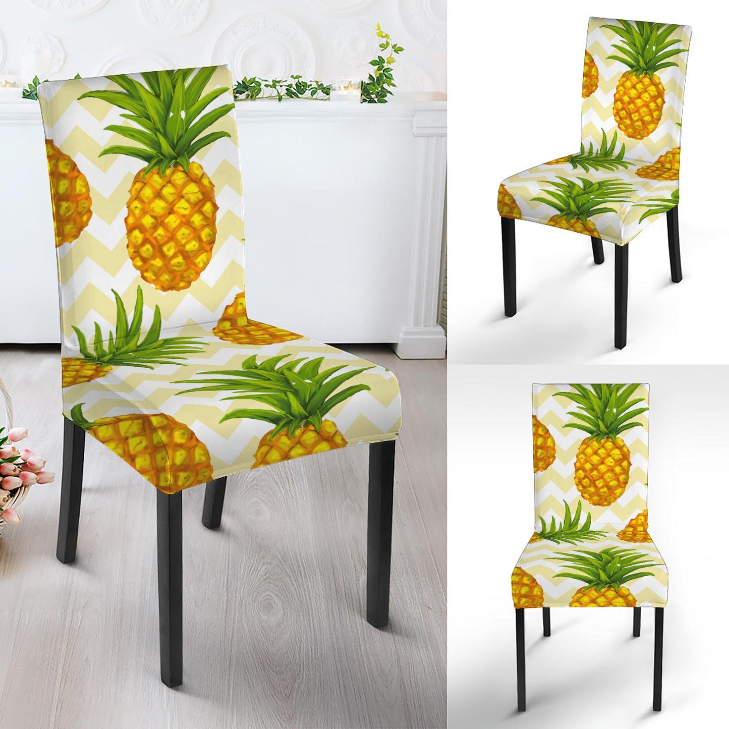 Beige Zig Zag Pineapple Pattern Print Dining Chair Slipcover